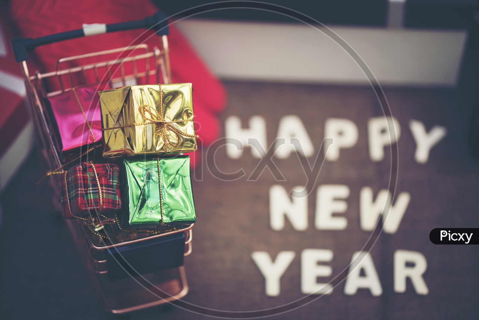 Gifts in a Shopping Cart, Artistic Template For Christmas And New year Greetings