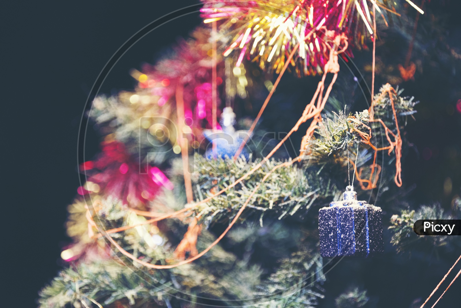 Decorated Christmas  Tree And Gift With Led Bokeh Background , templates For Christmas Festival
