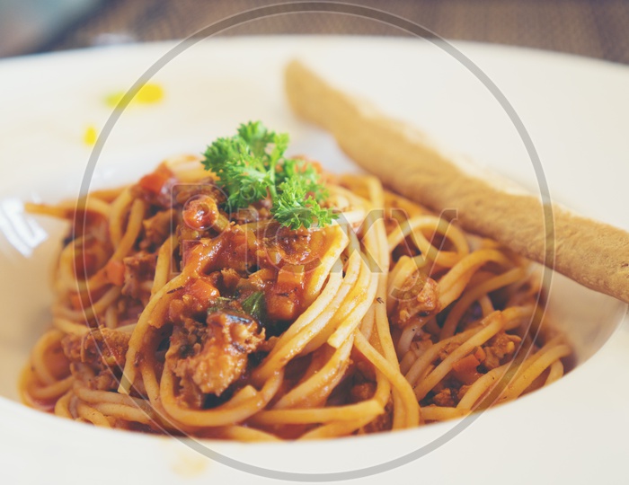 Close up of Spaghetti al sugo pomodoro basilico