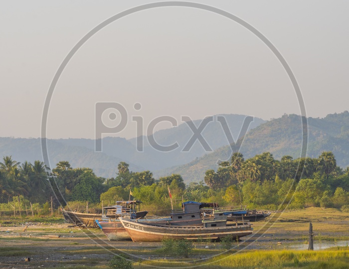 Old Fishing Boats In   a Dried Lake