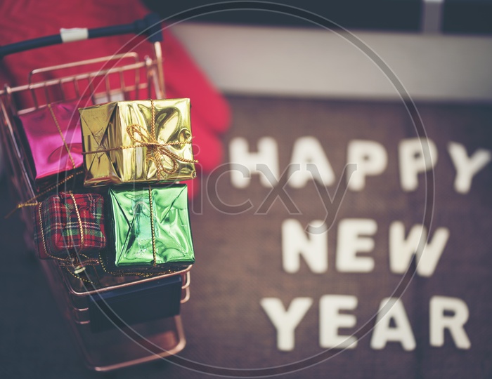 Gifts in a Shopping Cart, Artistic Template For Christmas And New year Greetings