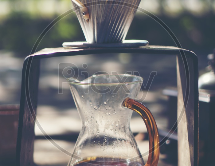 Close up of coffee drip, Kits for making fresh coffee, vintage filter image