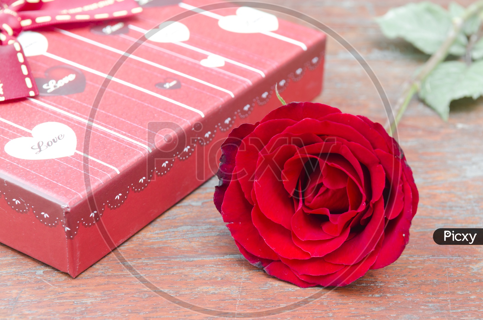 Image of valentine s day template or background with red rose and gift