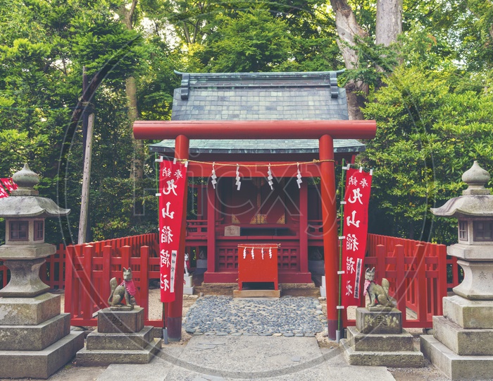 Old Japanese Temples With Red Flags