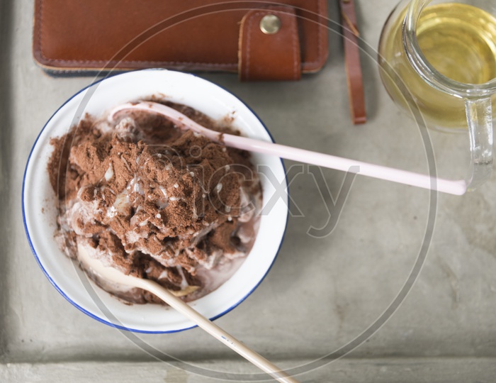 chocolate ice-cream with whipping cream in a  Bowl