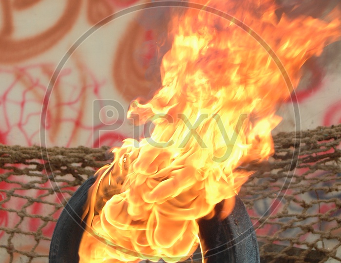 Tyre burning with flame
