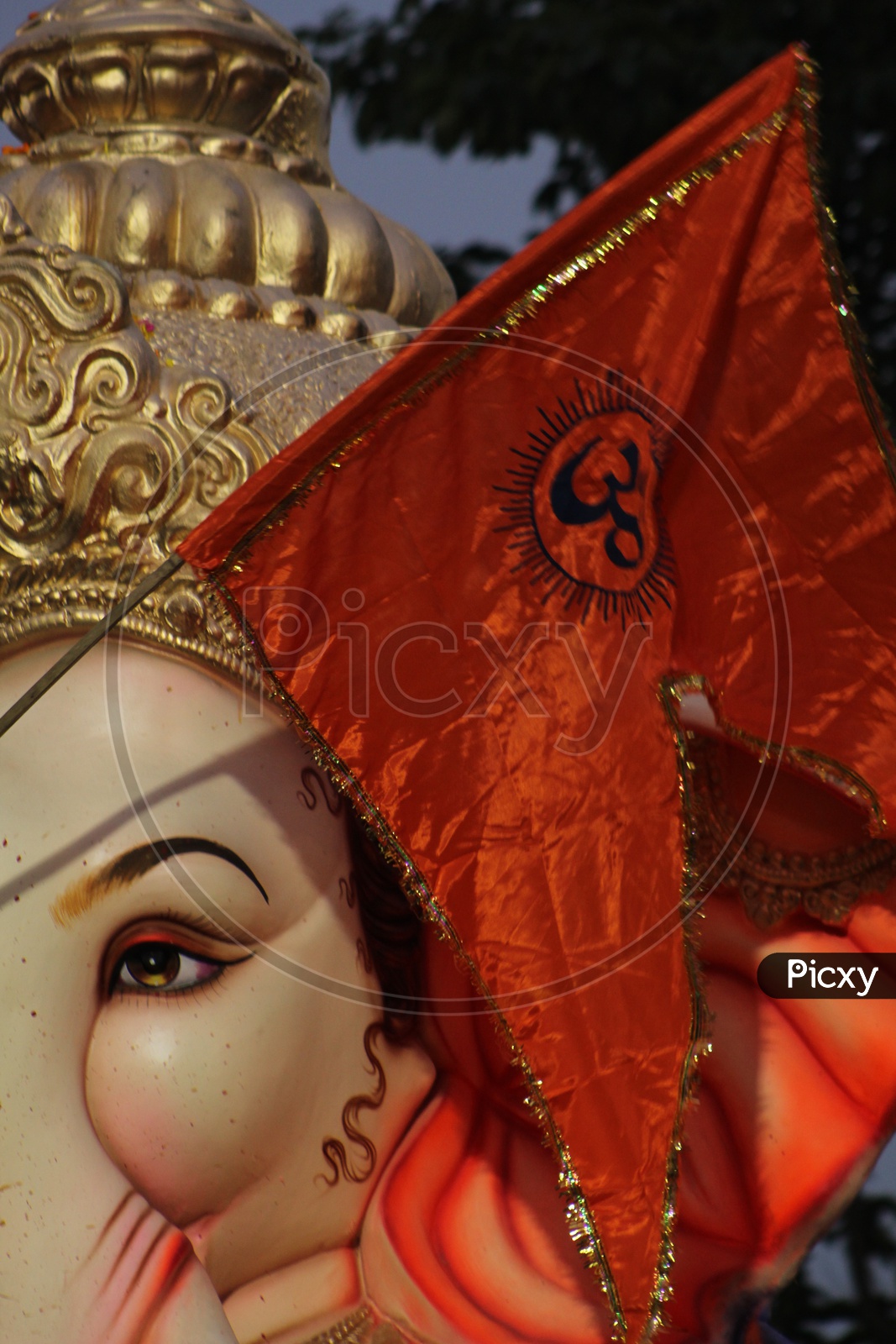 Lord ganesha with the waving flag by his devotee.