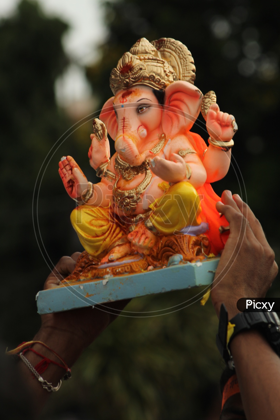 Man carrying small ganesha idol for nimarjan on bike.