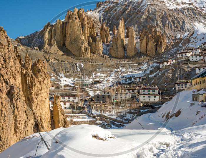 Landscapes of Spiti Village on Rock Mountains Covered in Snow in Winter