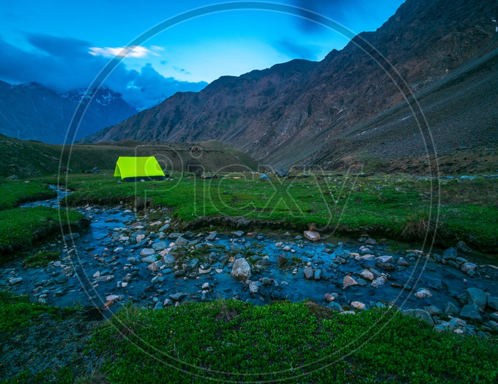 A Scenic view with camping tent at Lahaul And Spiti