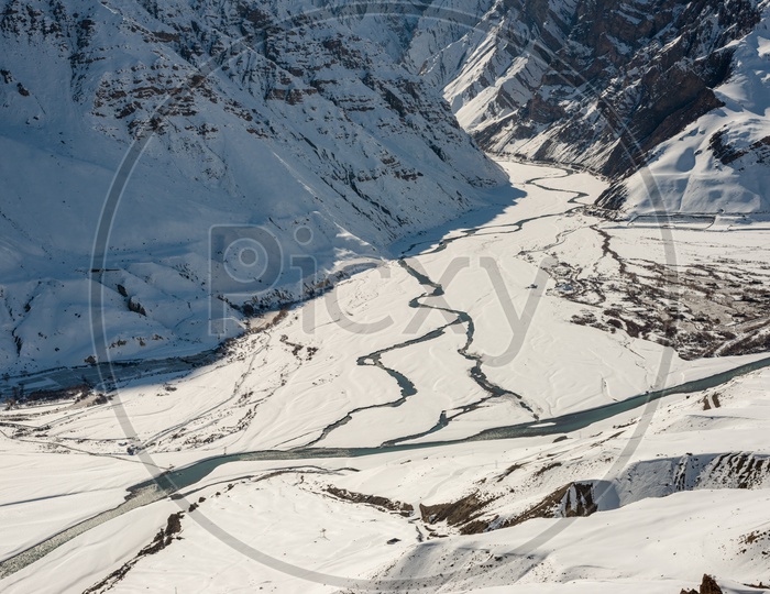 Frozen Pin river and Spiti river in the Himalayas