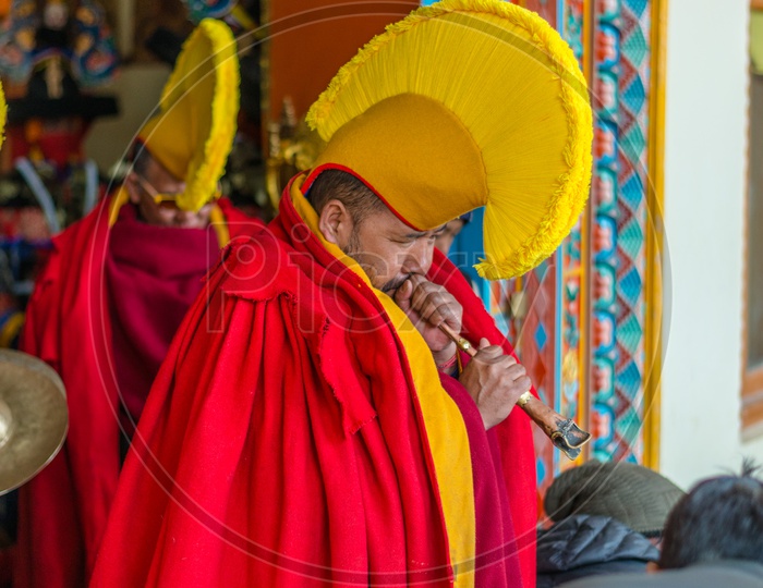 Buddhist Monks or Lama wearing dress for mask dance at Spiti