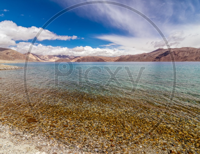 A Pangong Lake Scenic view with blue sky
