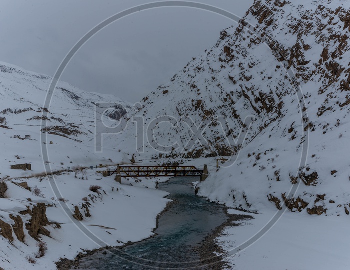 Spiti River in winter with Snow Capped Mountains