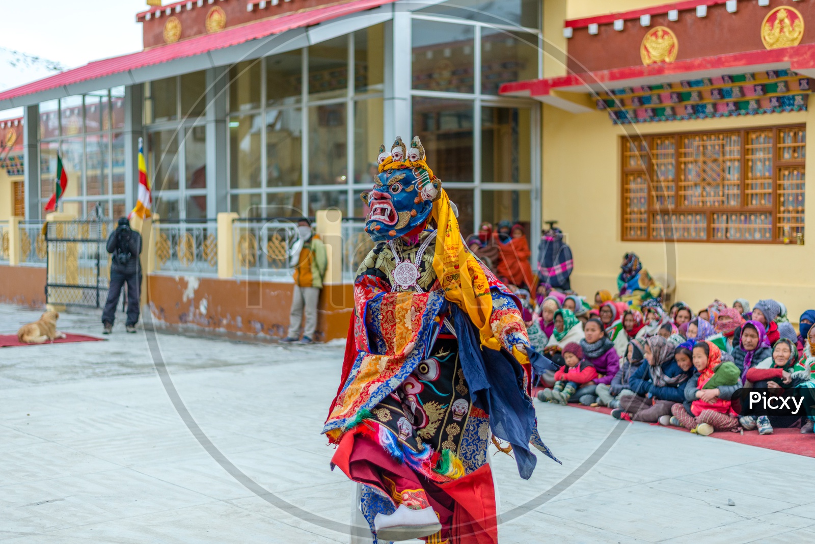 Unidentified Tibetan Buddhist Lamas dressed in Mystical Mask Dance Tsam mystery in the time of festival