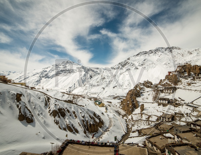 Beautiful Spiti Village Covered in Snow Surrounded by Himalayan Mountains