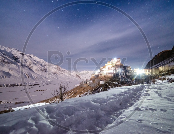 Key Monastery with Milkyway background on full moon night