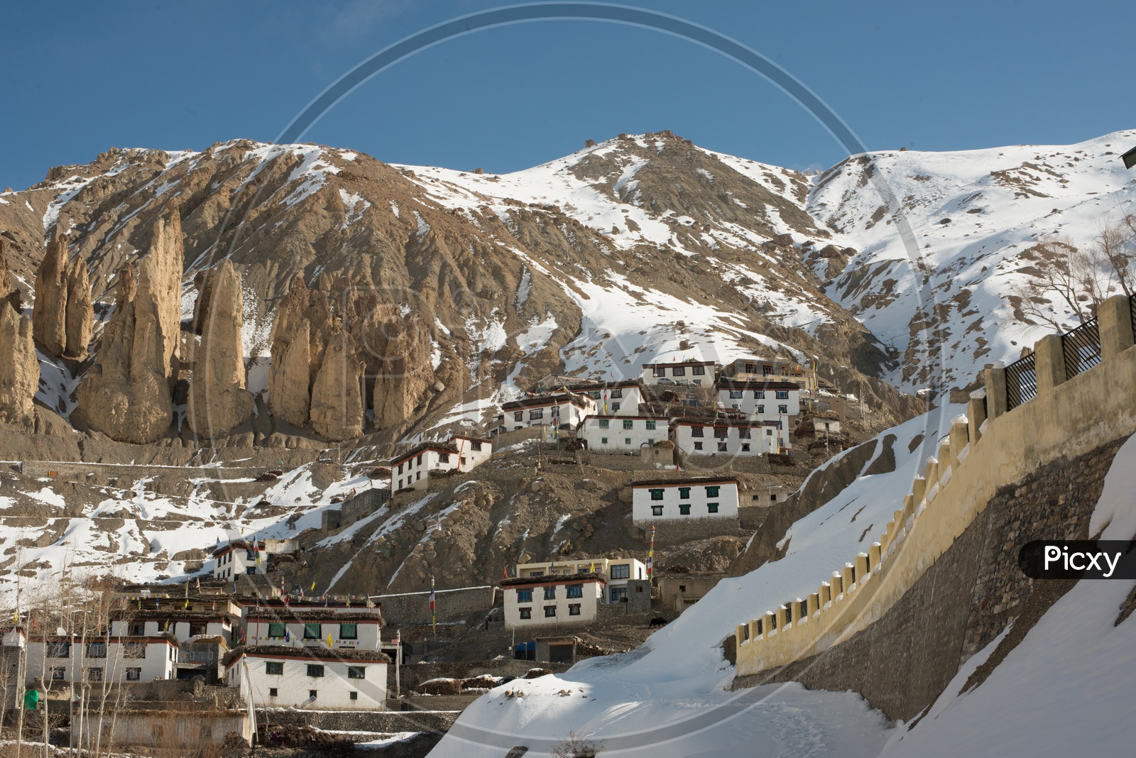 A Village in Spiti on Mountain Surrounded by Snowy Himalayan Mountains