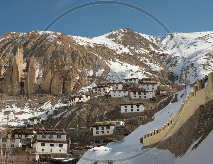 A Village in Spiti on Mountain Surrounded by Snowy Himalayan Mountains