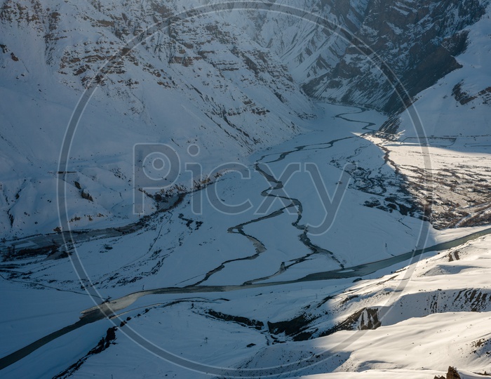 Pin River and Spiti River Surrounded by Snowy Mountains in Winter Months in Himalayas