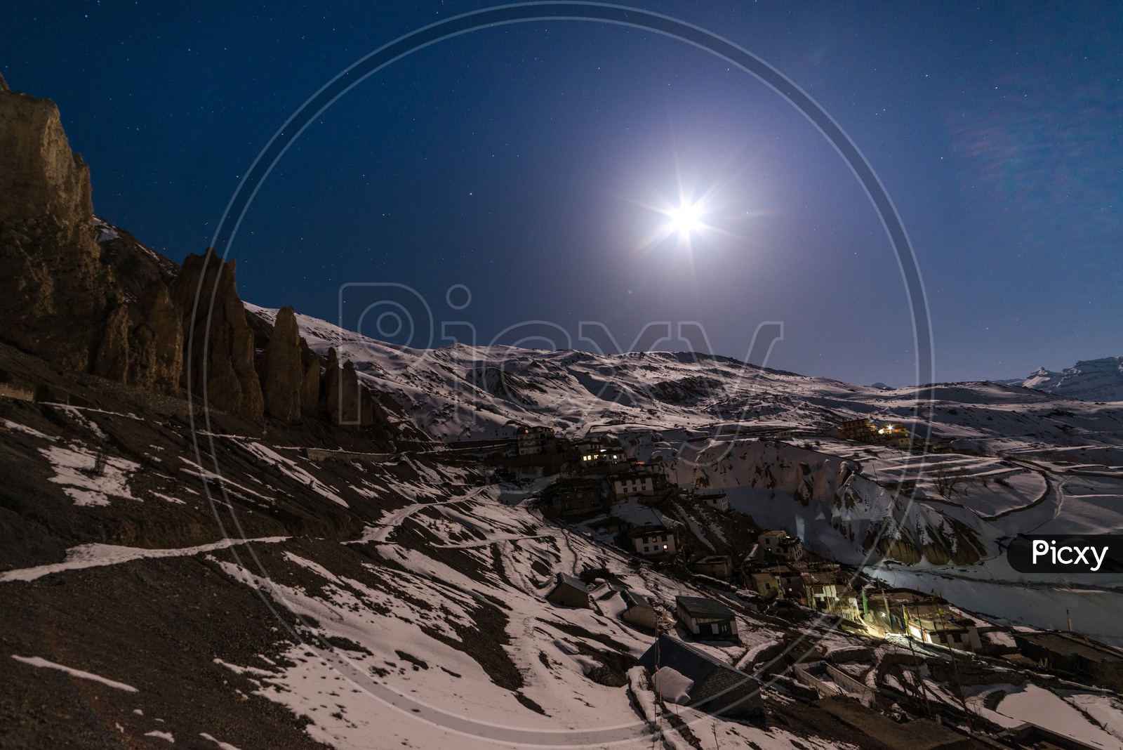 Moonrise over Spiti Valley in winter Covered with Snow
