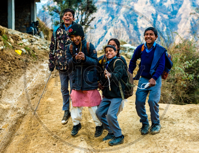 Portrait of Indian School Children on Street Playing and Posing