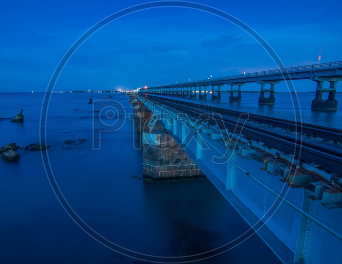 View of Pamban Bridge during Night
