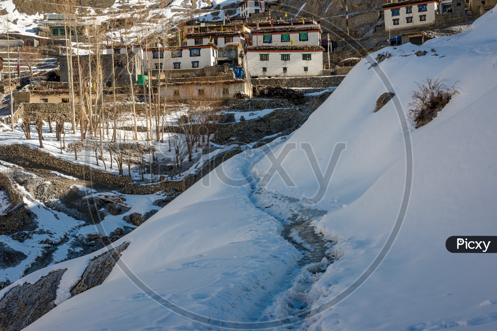 Spiti Village Houses Surrounded by Snow in Winter