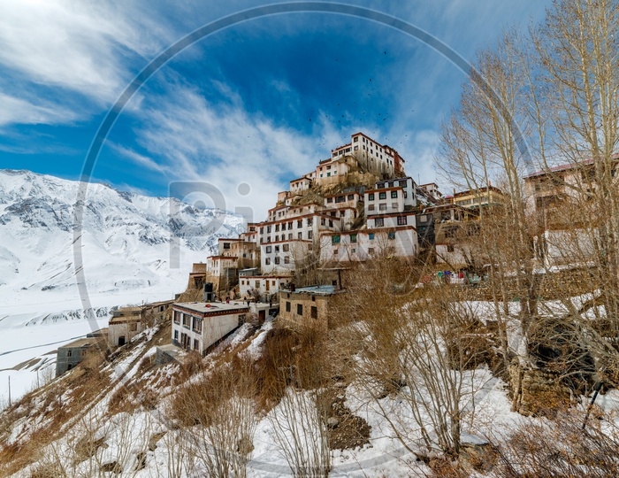 Key Monastery on Mountain in Snow in winter season