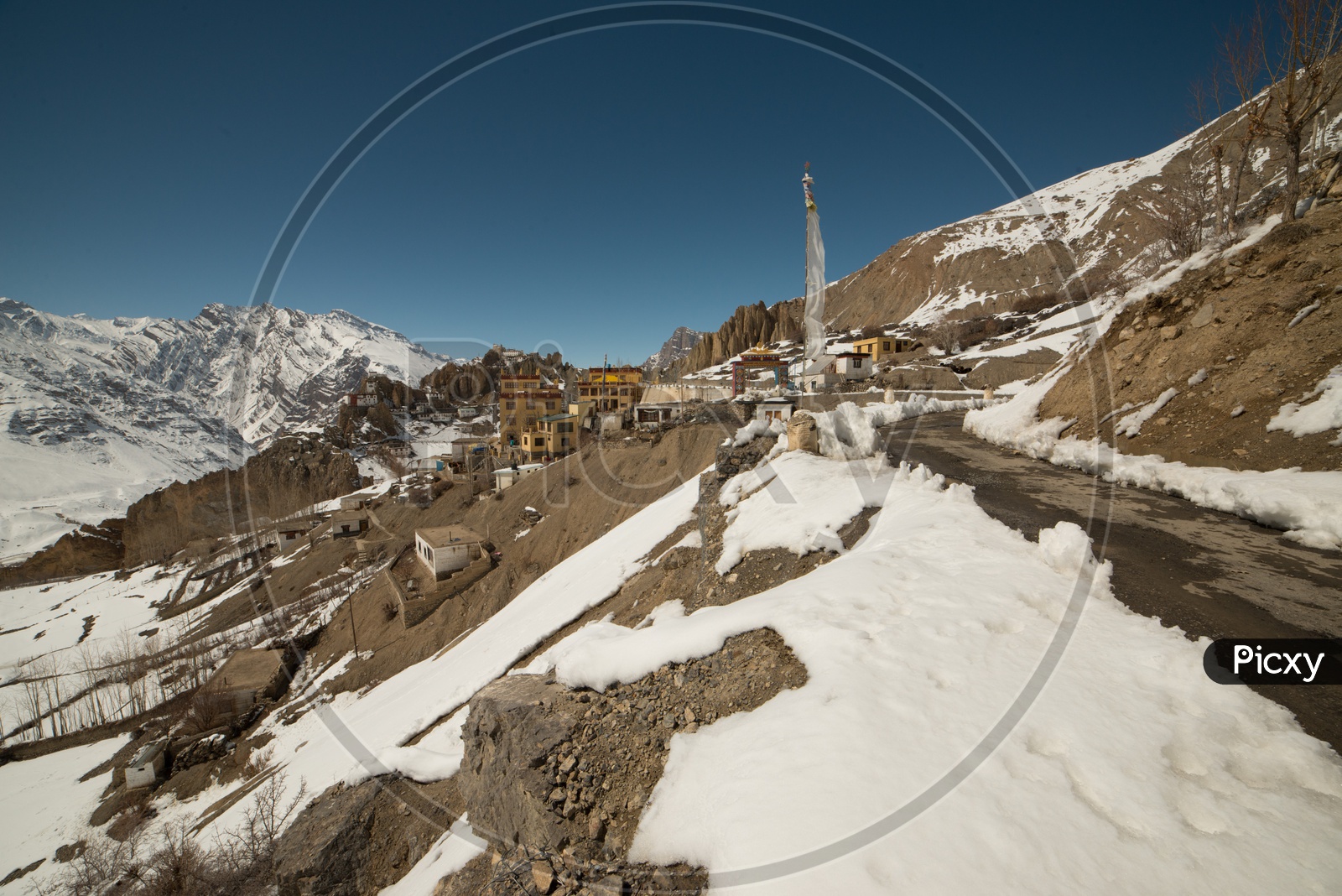 Spiti Village Houses on Mountain Covered in Snow in Winters