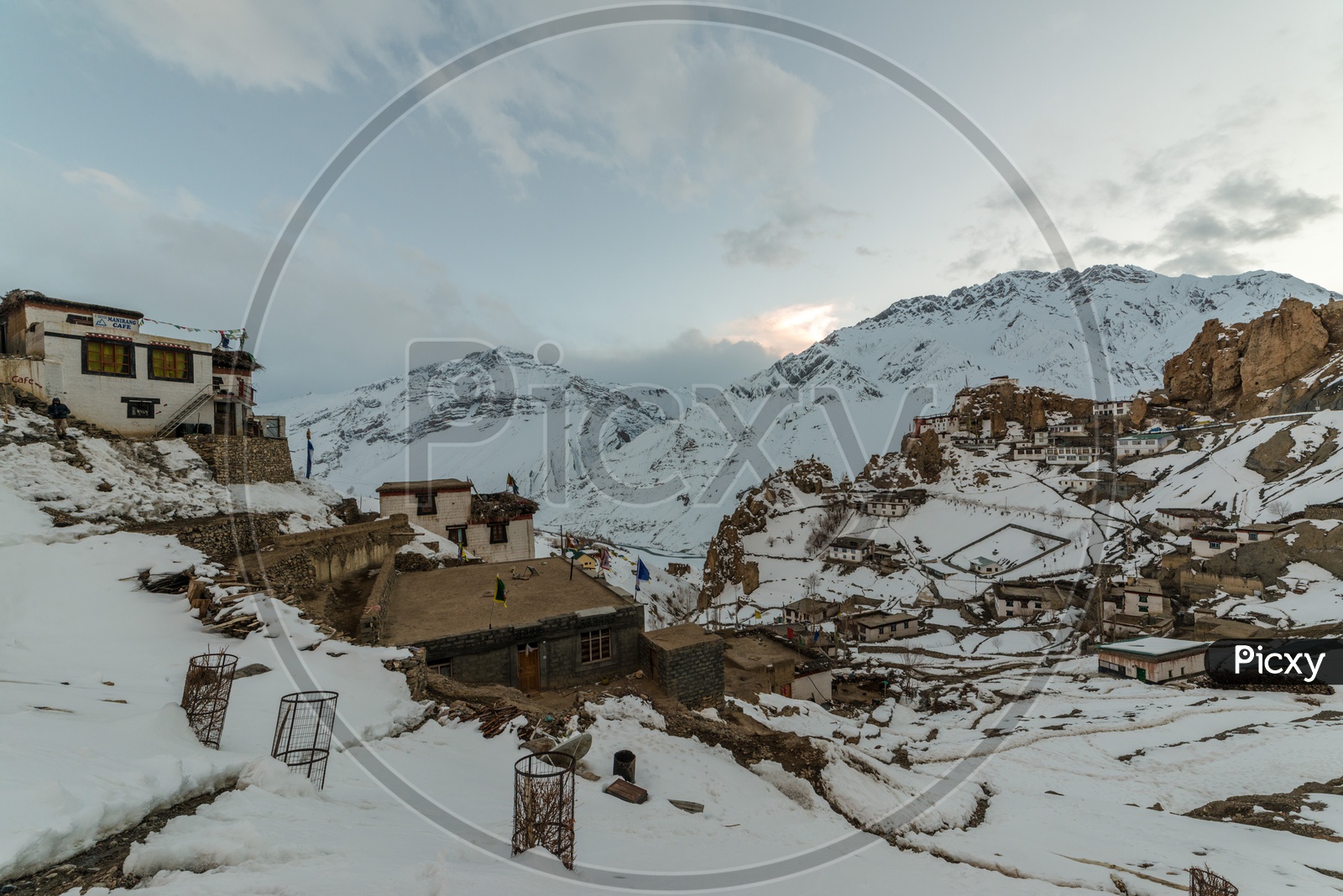Landscape of Spiti Village Covered in Snow with Surrounded by Snowy Mountains