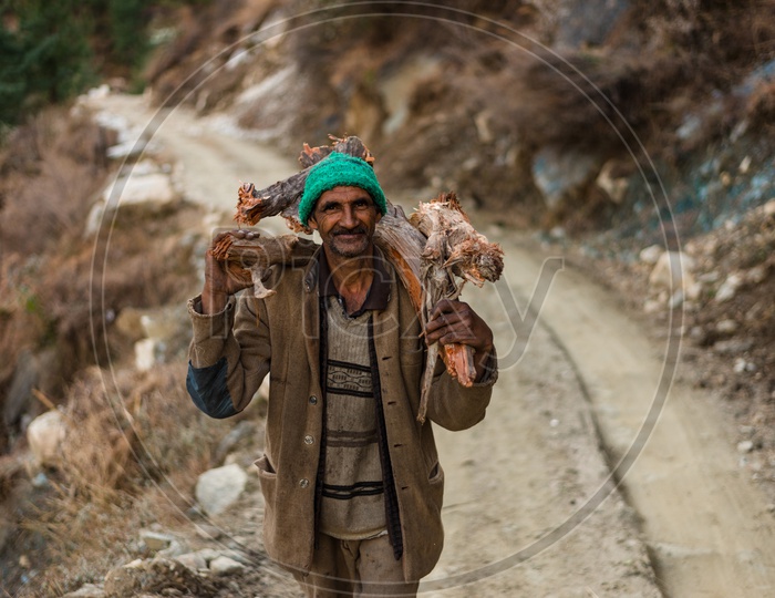 Unidentified himachali Old man Man Carrying Wood on Shoulder
