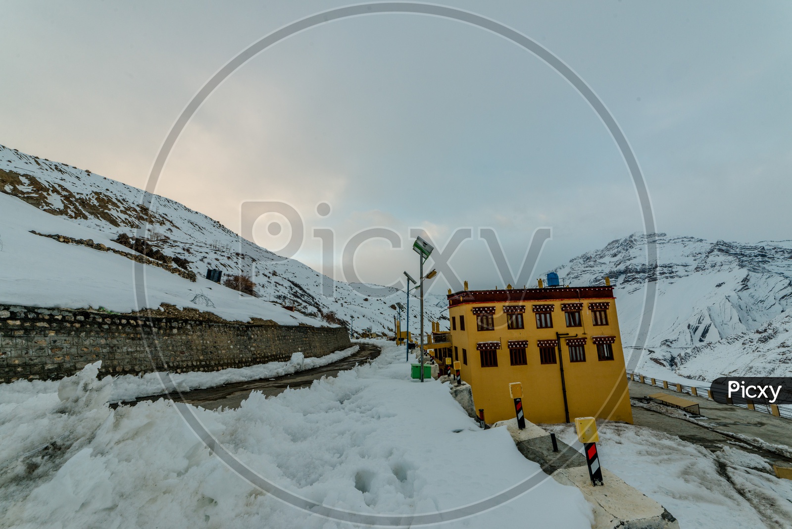 Dhankar Monastery Surrounded by Snowy Himalayan Mountains in Winter
