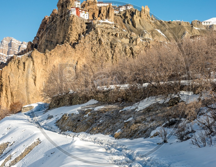 Dhankar Monastery in Winter Season Covered with Snow