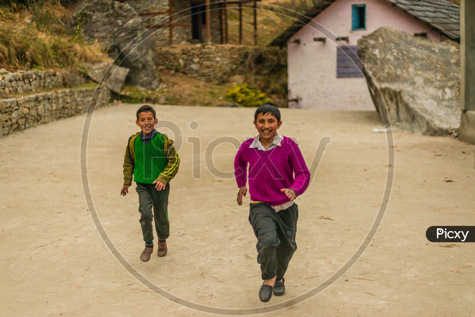 Indian Kids running and Playing on Street in Kullu Village