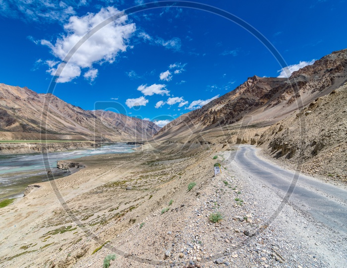 Mountain road alongside the Indus River