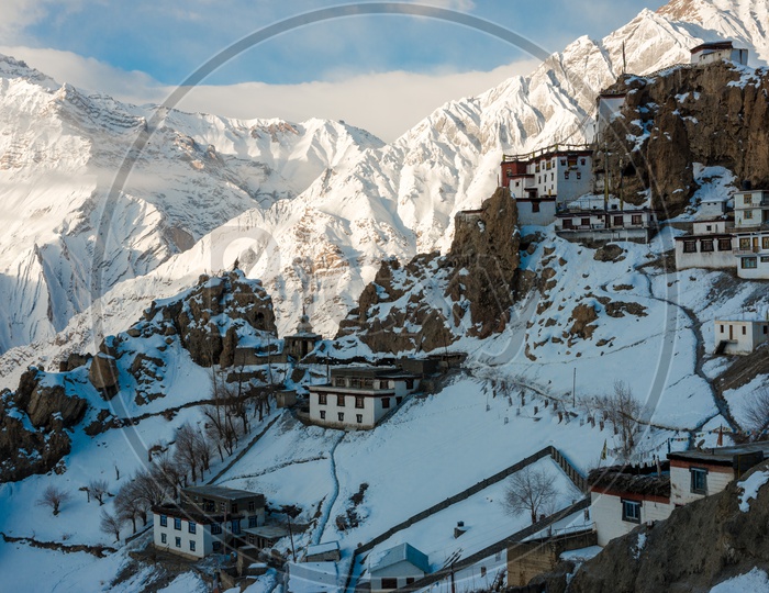 Dhankar Village on Mountains with Snow in Winter at Himalayas