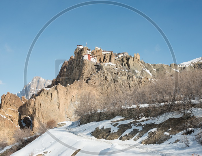 Dhankar Monastery on Mountain Covered in Snow in Winter Season