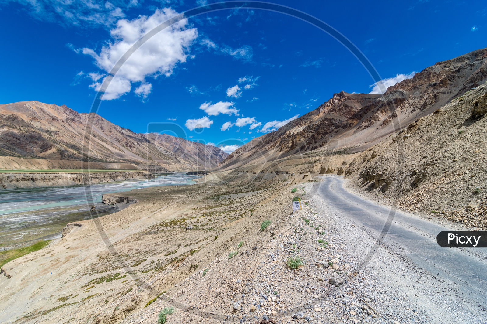 Mountain road alongside the Indus River