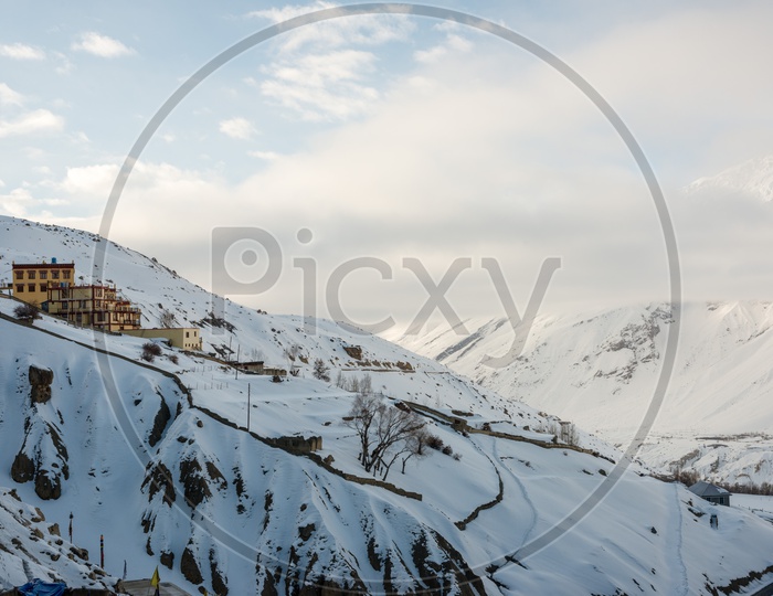Dhankar Village on Mountains in Winter Season Covered with Snow