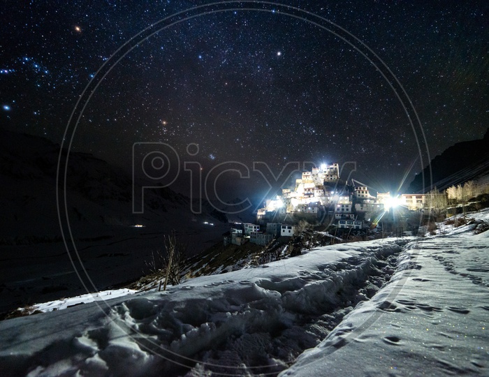 Key Monastery Covered with Snow and under millions of stars in Night