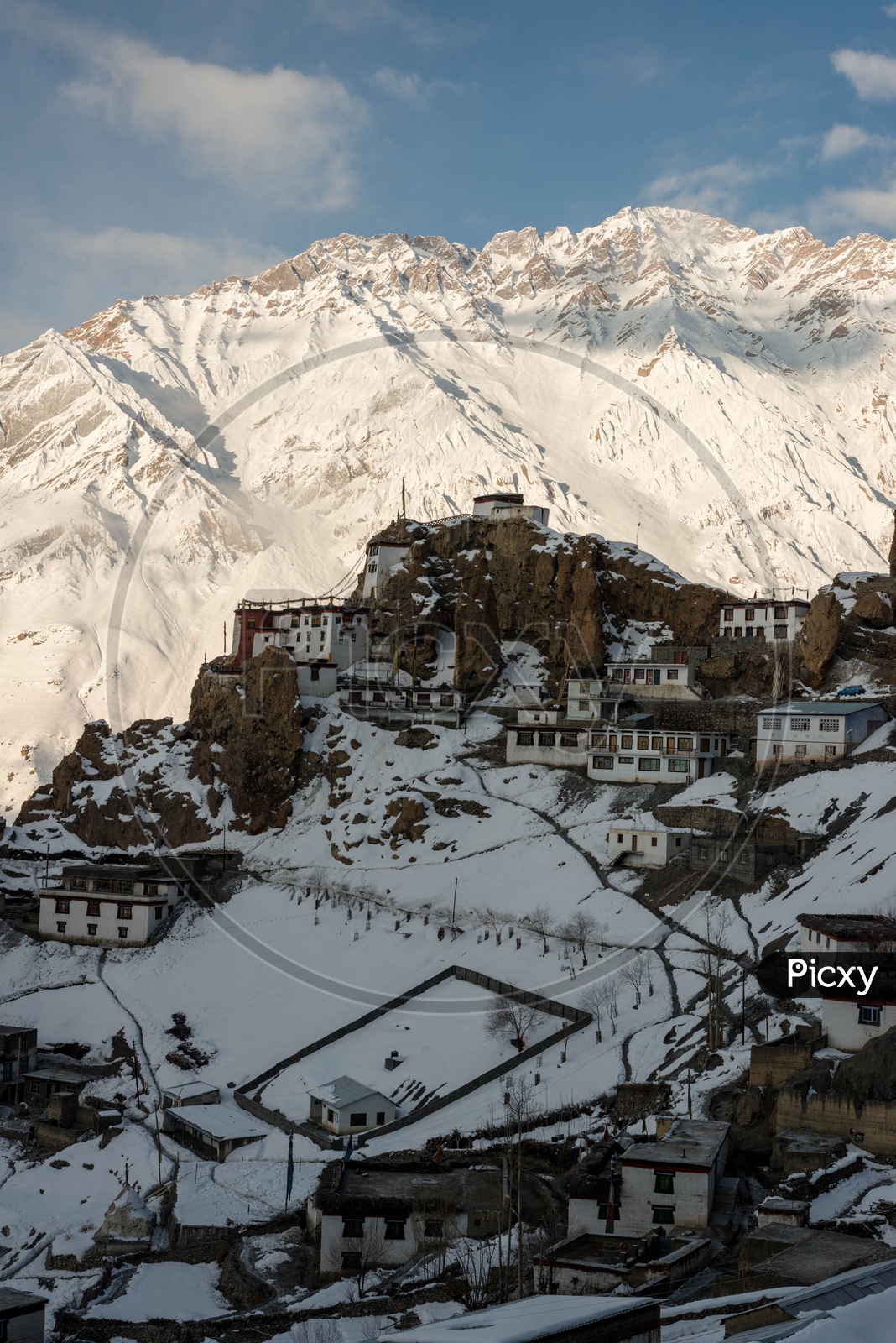Dhankar Village Covered with Snow in Winter Season