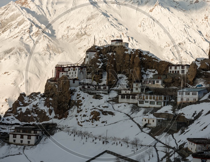 Snow Cover at Dhankar Village on Mountain in Winter Season