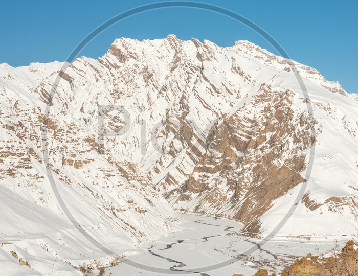 Landscapes of River with Snowy Himalayan Mountains