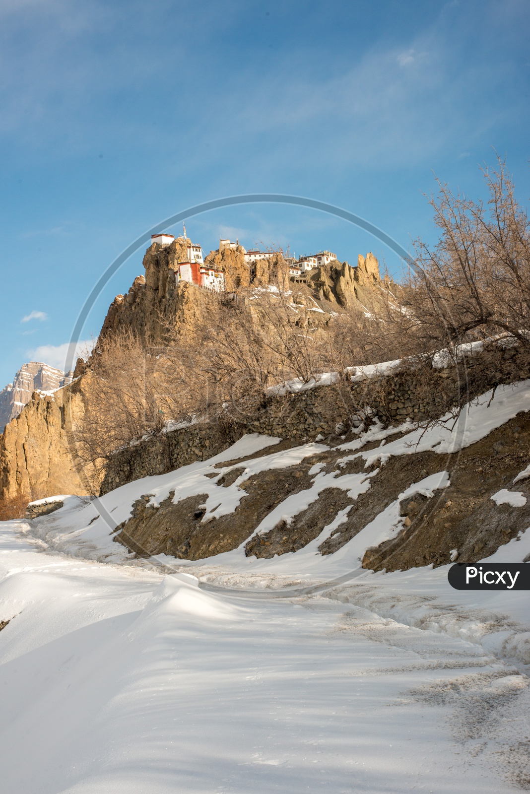 Dhankar Monastery Surrounded by Snow in Winter Season