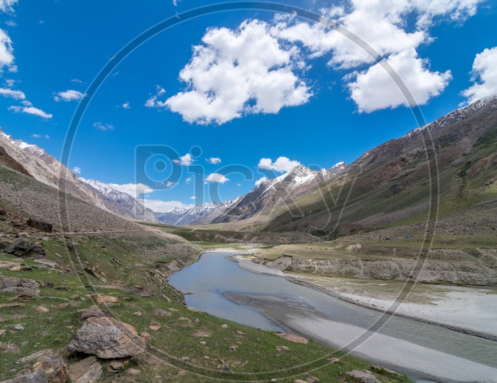 Zanskar River flowing through the mountains