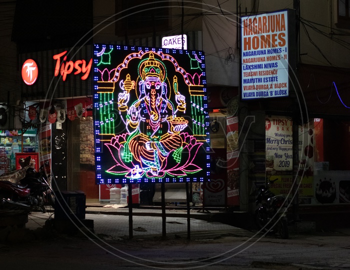 Ganesha Lighting near a Mandapam