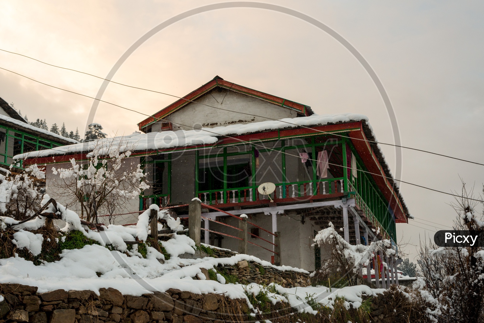 Wooden House of Himachal pradesh Covered with Snow in Winters