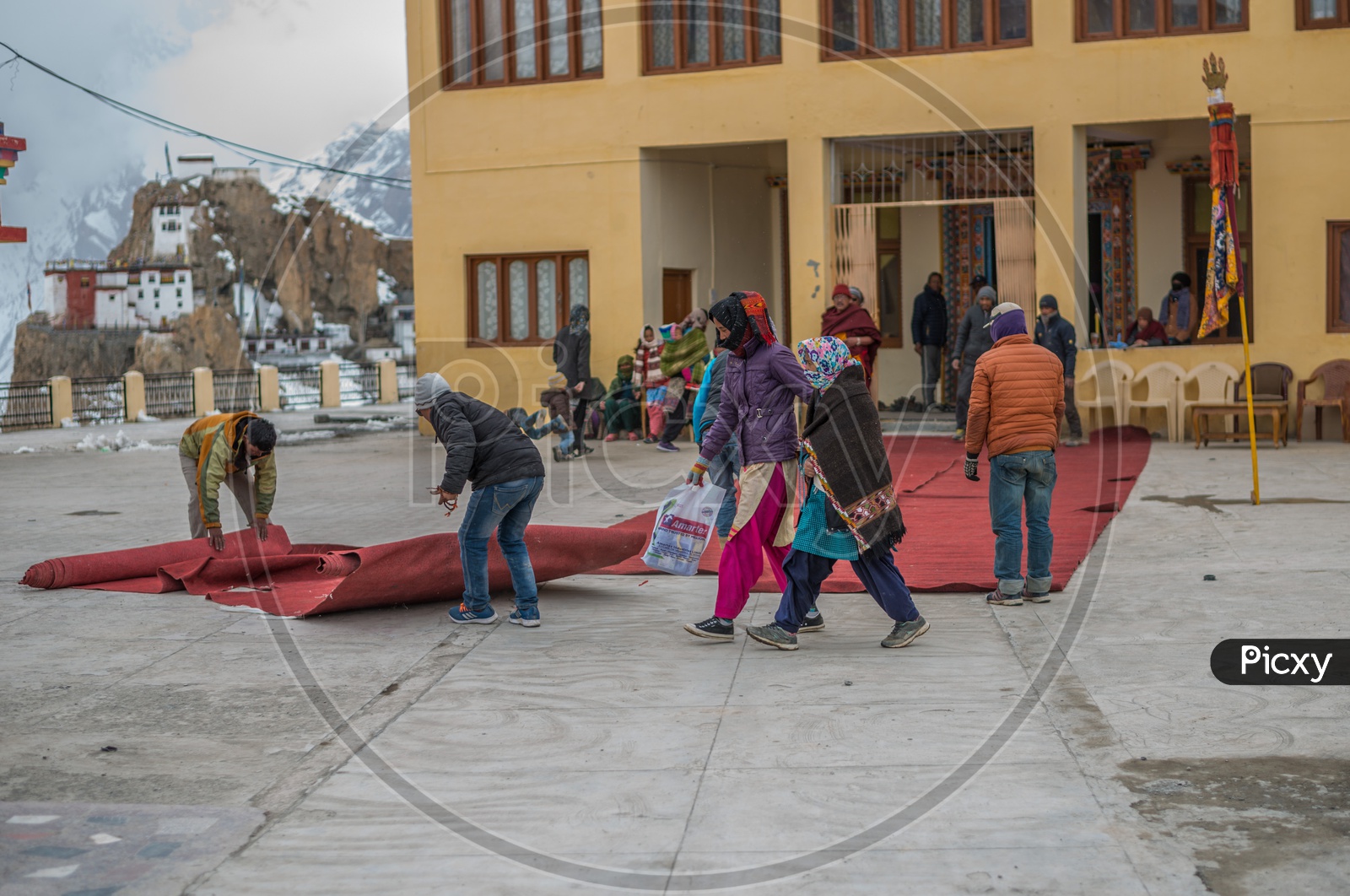 Volunteers Rolling out Red Carpet at Dhankar Monastery