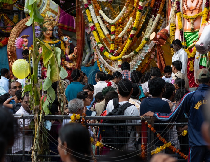 Devotees in Queue Line Praying to Ganesha Idol